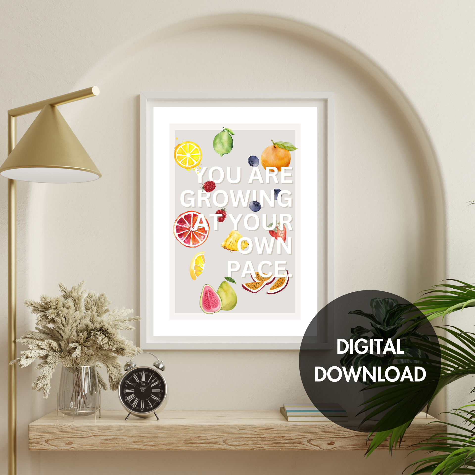 "You are growing at your own pace" with cascading fruits among the letters. Motivating and inspiring wall art.