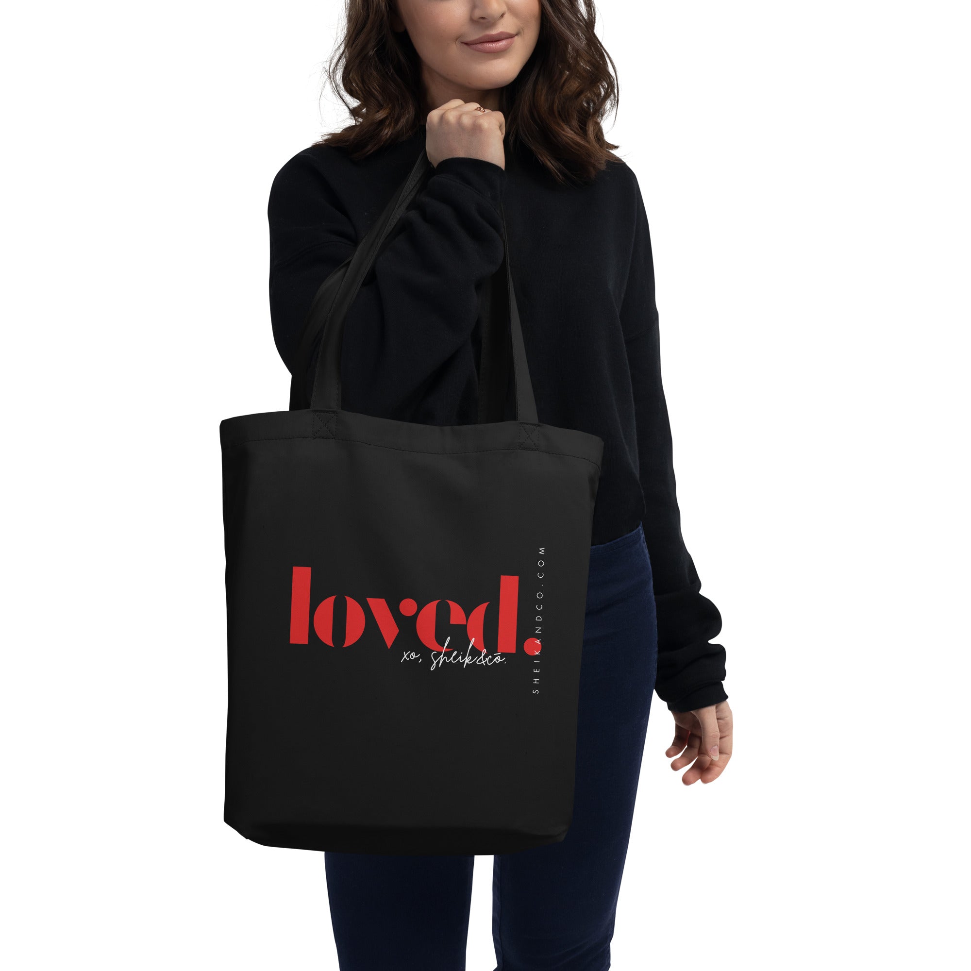 loved tote bag, affirmation bag and gift for her, a reminder of how loved she is, promotes self-love, reusable shopping canvas bag, made with certified organic cotton 